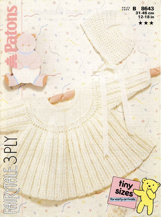 Baby Angel Top and Bonnet, 12"-18" Chest, 3ply, 80s Knitting Pattern, Patons 8643