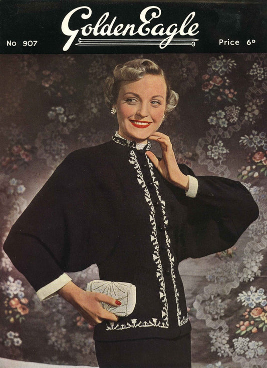 Ladies Batwing Jacket / Cardigan, 36"/38" Bust, 3ply, 50s Knitting Pattern, Golden Eagle 907