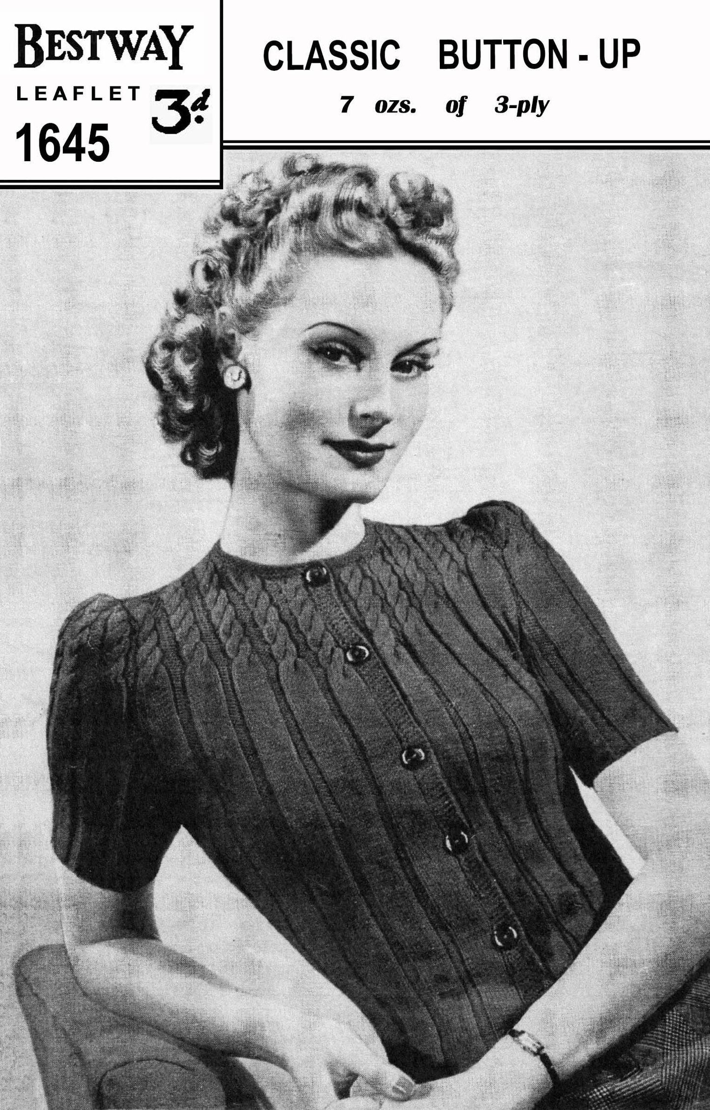 Ladies Classic Button Up Cardigan, 34" Bust, 3ply, 40s Knitting Pattern, Bestway 1645