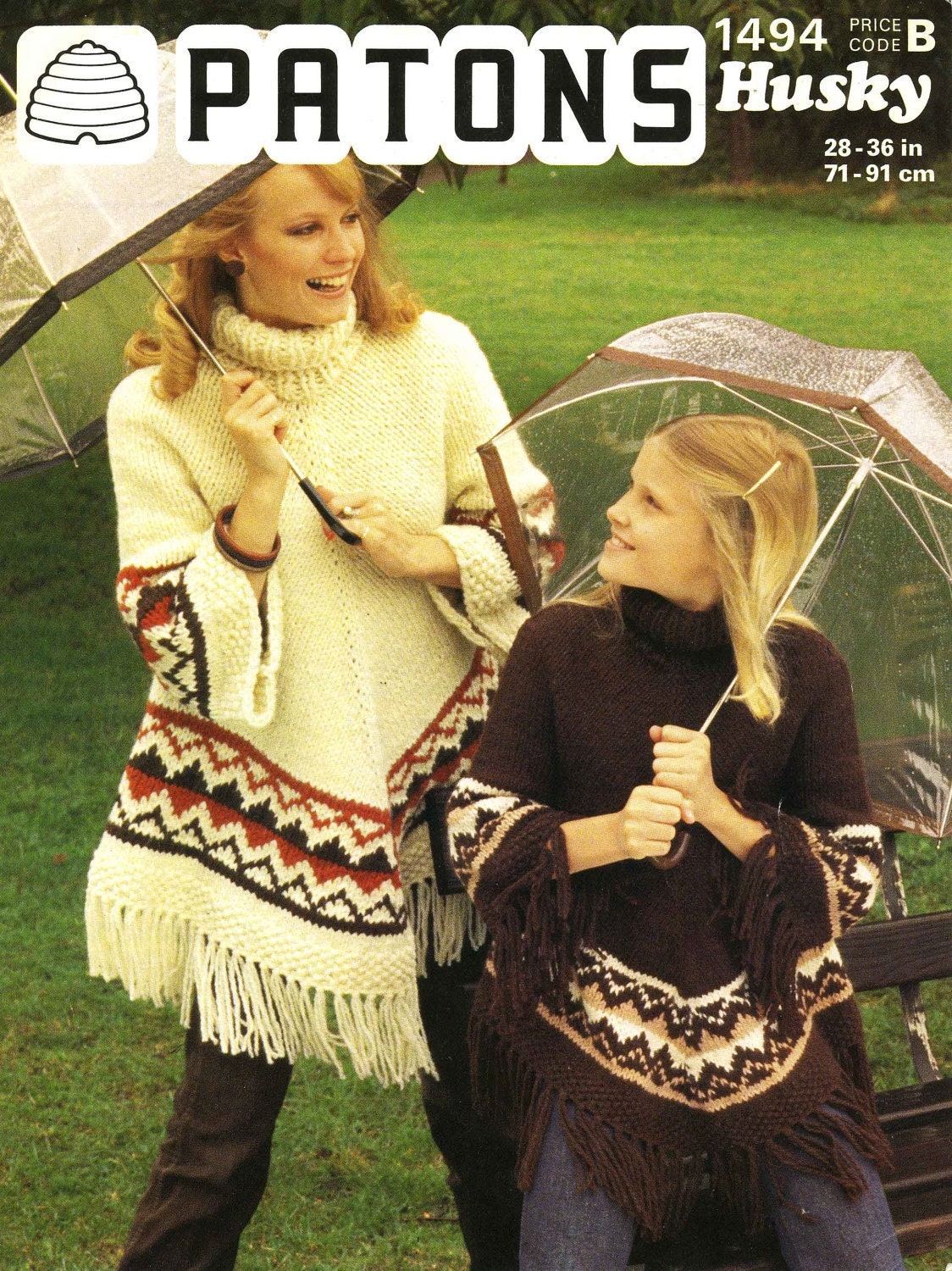 Ladies and Girls Poncho, 28"-36" Chest / Bust, Chunky, 70s Knitting Pattern, Patons 1494