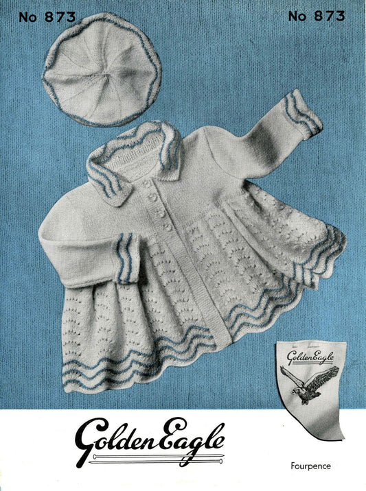 Baby Matinee Coat / Cardigan and Cap, 22" Chest, 3ply, 50s Knitting Pattern, Golden Eagle 873