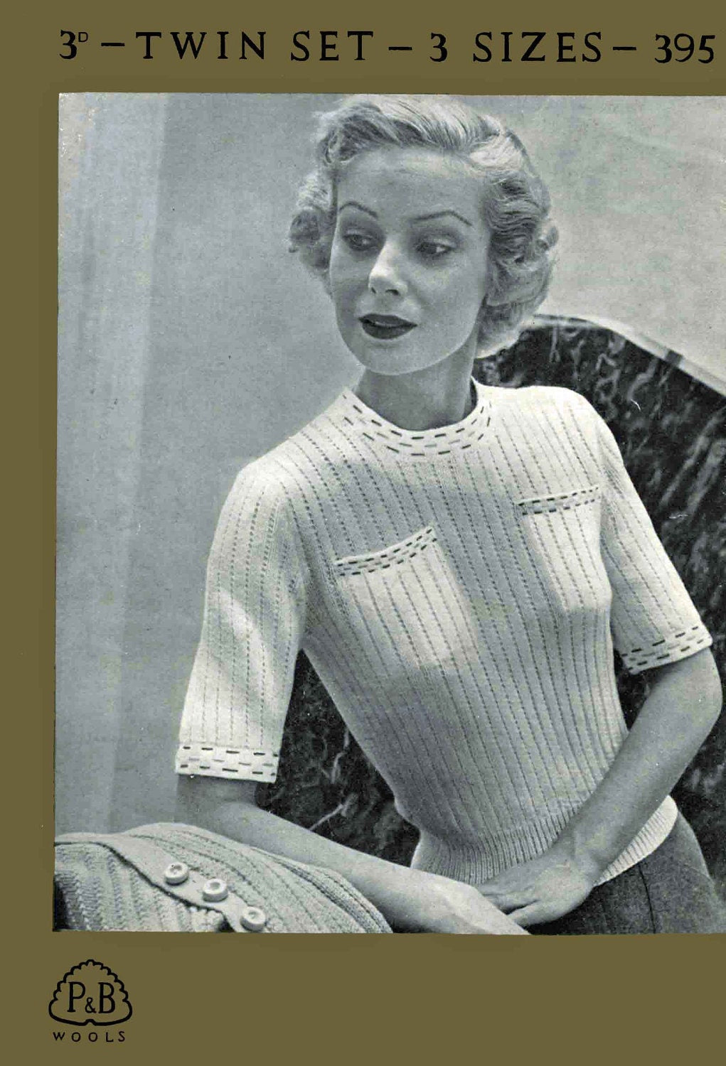 Ladies Twin Set, Jumper and Cardigan, 34"-38" Bust, 3ply, 50s Knitting Pattern, P&B 395