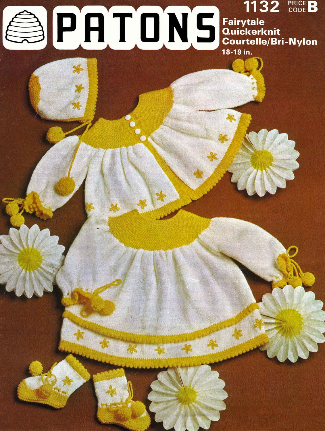 Baby Matinee Coat / Cardigan, Dress, Hat and Booties, 18"-19" Chest, 4ply, 70s Knitting Pattern, Patons 1132