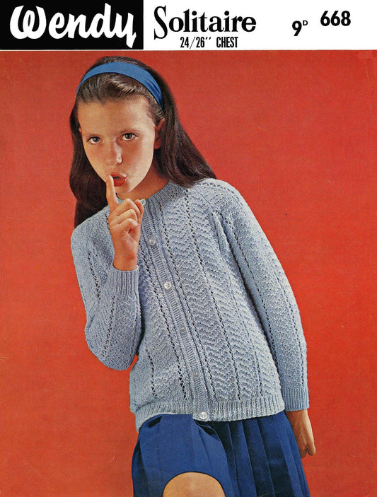 Girl's Cardigan, 24" & 26" Chest, DK, 60s Knitting Pattern, Wendy 668
