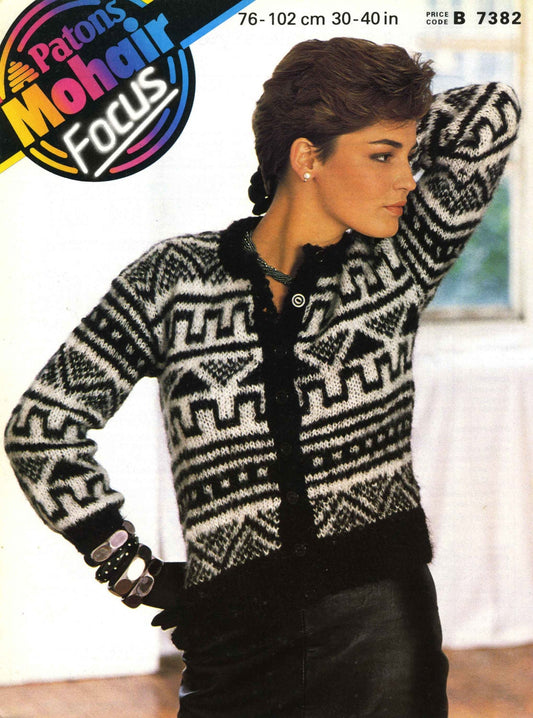 Ladies Fair Isle Cardigan, 30"-40" Bust, Mohair Aran, 80s Knitting Pattern, Patons 7382