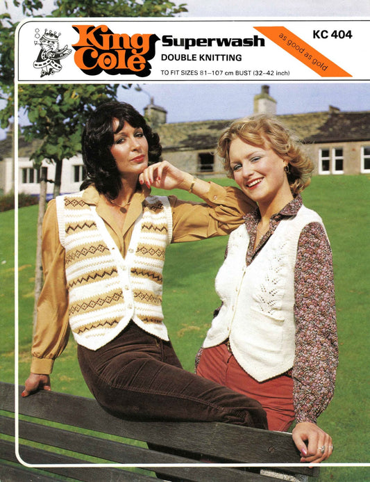 Ladies Fairisle Waistcoat and Lacy Waistcoat, 32"-42" Bust, DK, 70s Knitting Pattern, King Cole 404