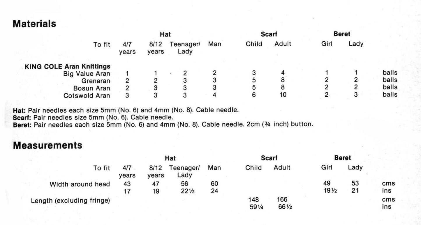 Childrens and Adults Hat, Beret and Scarf, Aran, 70s Knitting Pattern, King Cole 3114