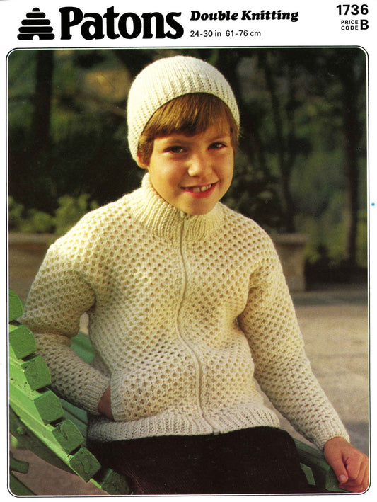 Boys Jacket and Hat, 24"-30" Chest, DK, 80s Knitting Pattern, Patons 1736