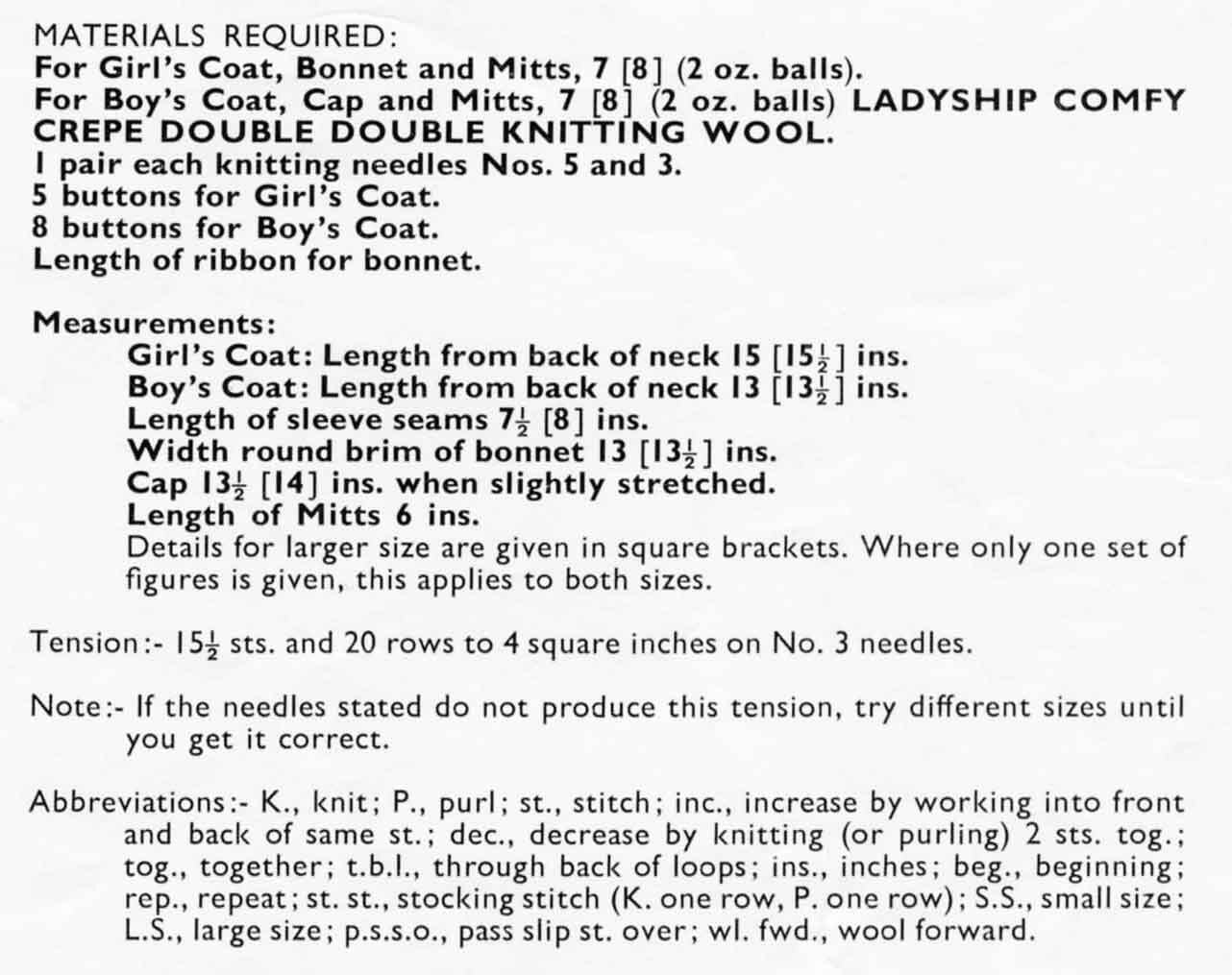 Baby / Toddler, Girls and Boys Coat, Bonnet and Mittens, 21"-24" Chest, DK, 70s Knitting Pattern, Ladyship 4064