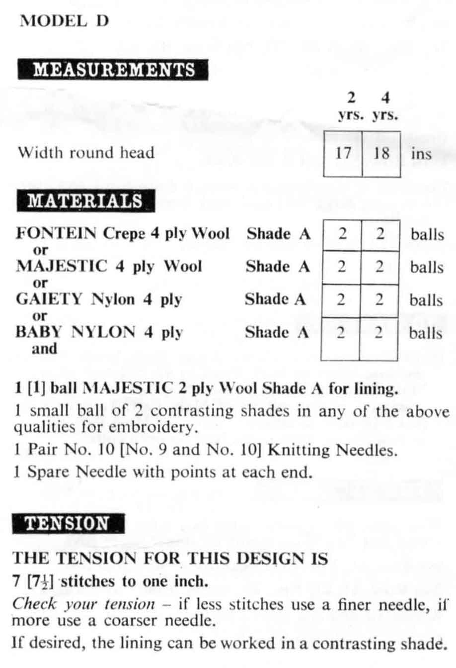 Childrens 2-4yrs Caps and Bonnets in 4 styles, 4ply, 60s Knitting Pattern, Sirdar 292