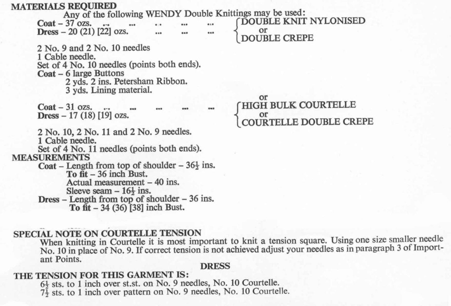 Ladies Coat and Dress, 34"-38" Bust, DK, 60s Knitting Pattern, Wendy 673