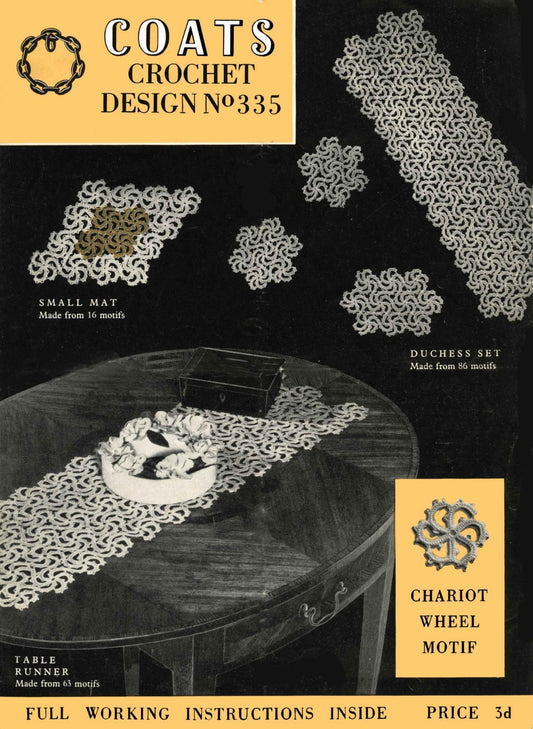 Table Runner and Mats, Duchess Set, (Chariot Wheel Motif) 50s Crochet Pattern, Coats 335