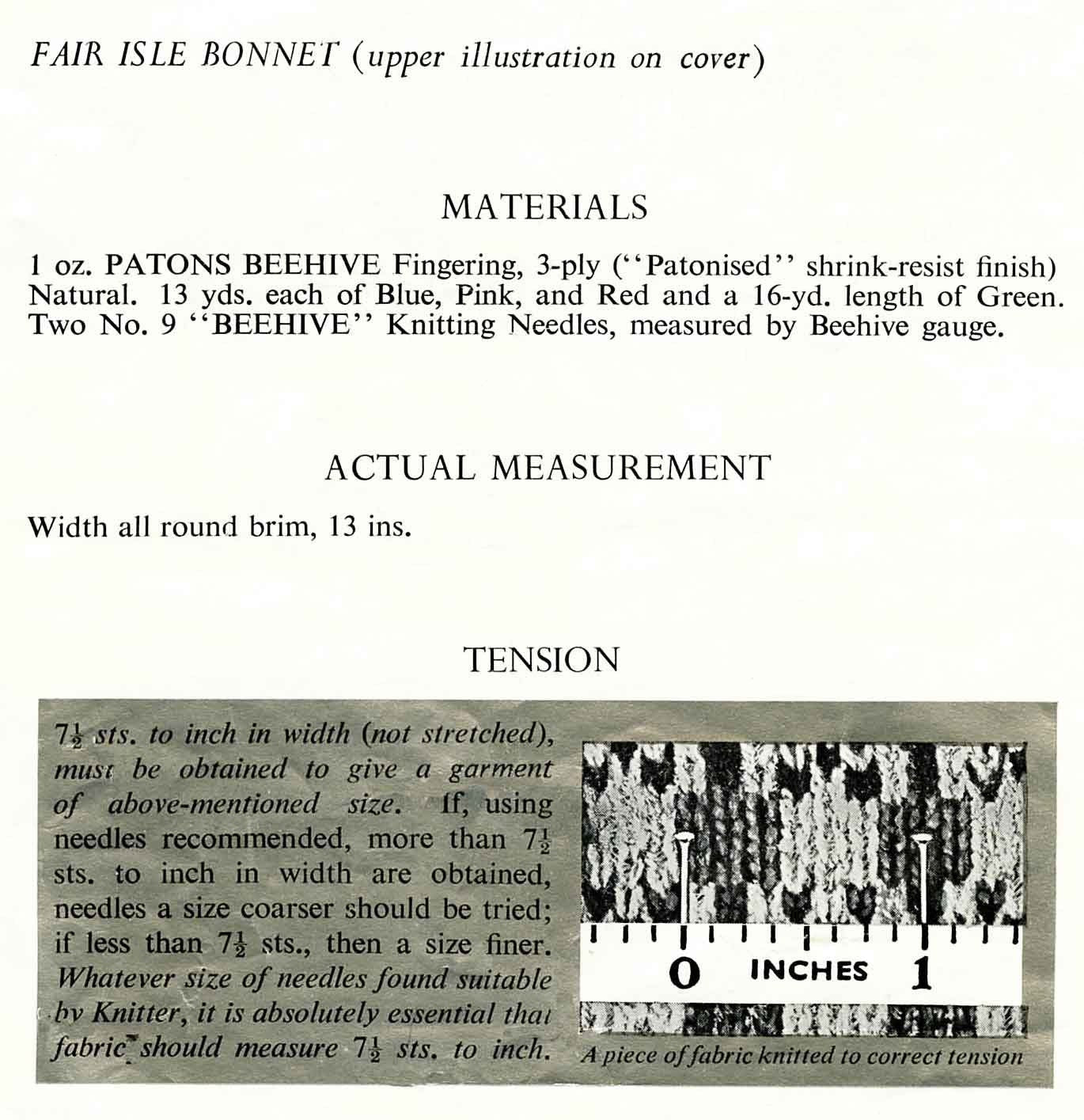 Childrens Dutch and Fair Isle Bonnet / Hat, 3ply, 50s Knitting Pattern, P&B 157