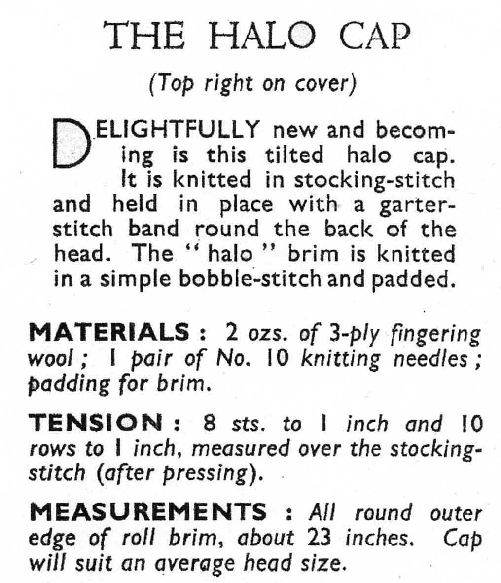 Ladies Hat in 3 Styles and Halo Cap, 3ply & 4ply, 40s Knitting Pattern, Bestway 1245