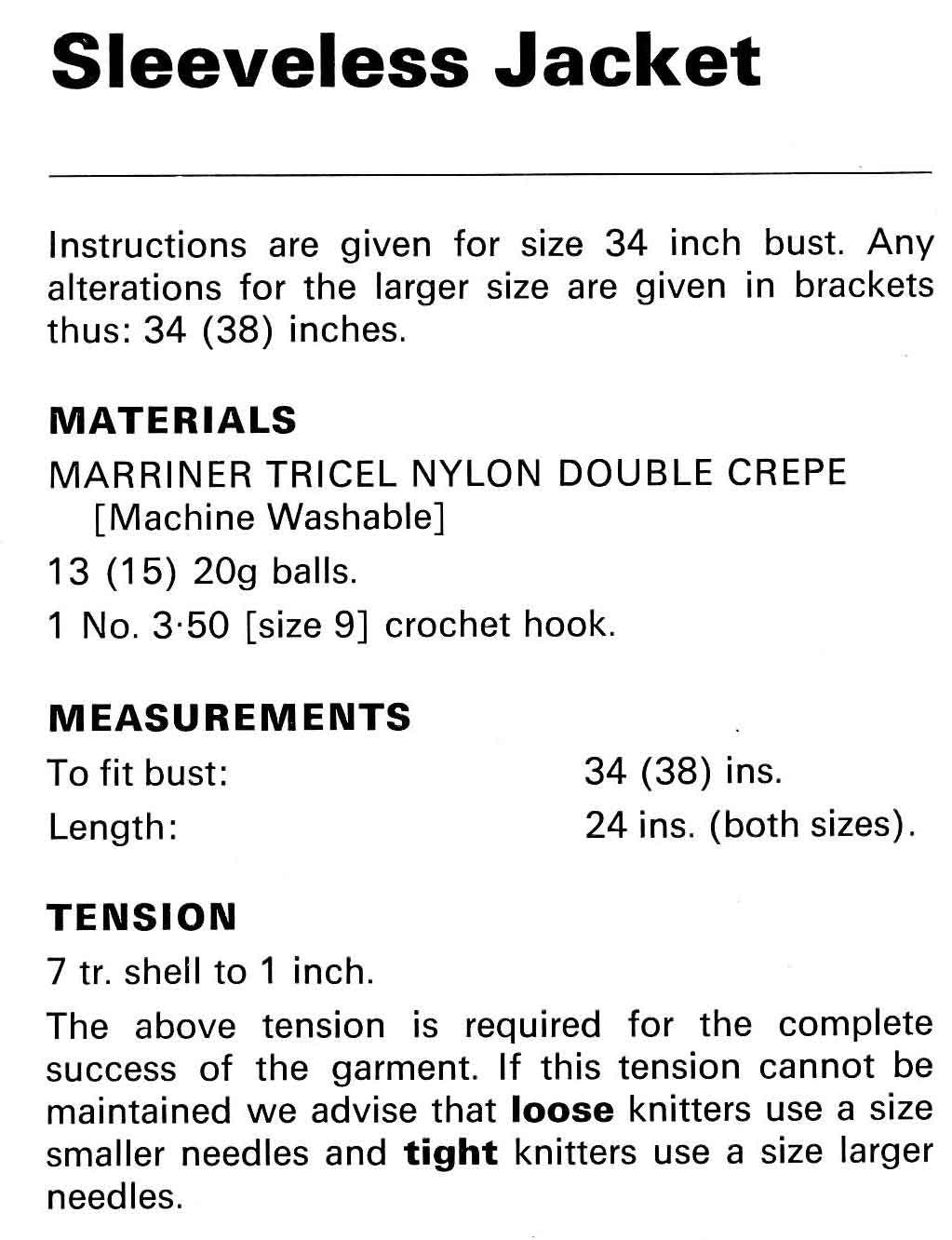 Ladies Sleeveless Jacket / Waistcoat, 34"-38" Bust, DK, 70s Crochet Pattern, Marriner 1562