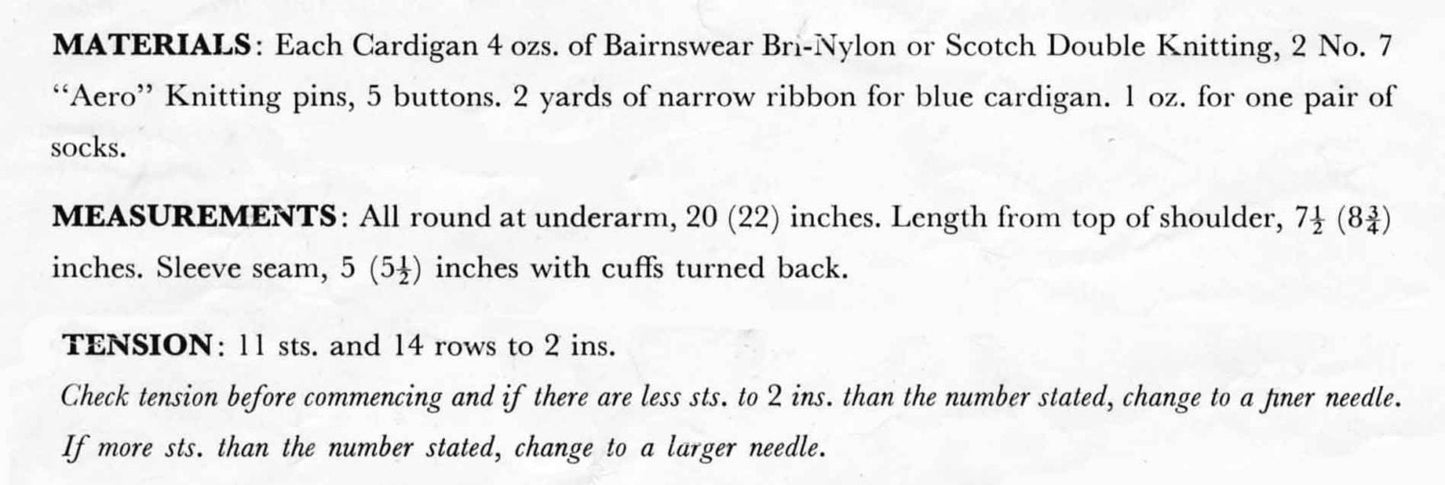 Baby Cardigan and Socks, 20"-22" Chest, DK, 60s Knitting Pattern, Bairnswear 1609