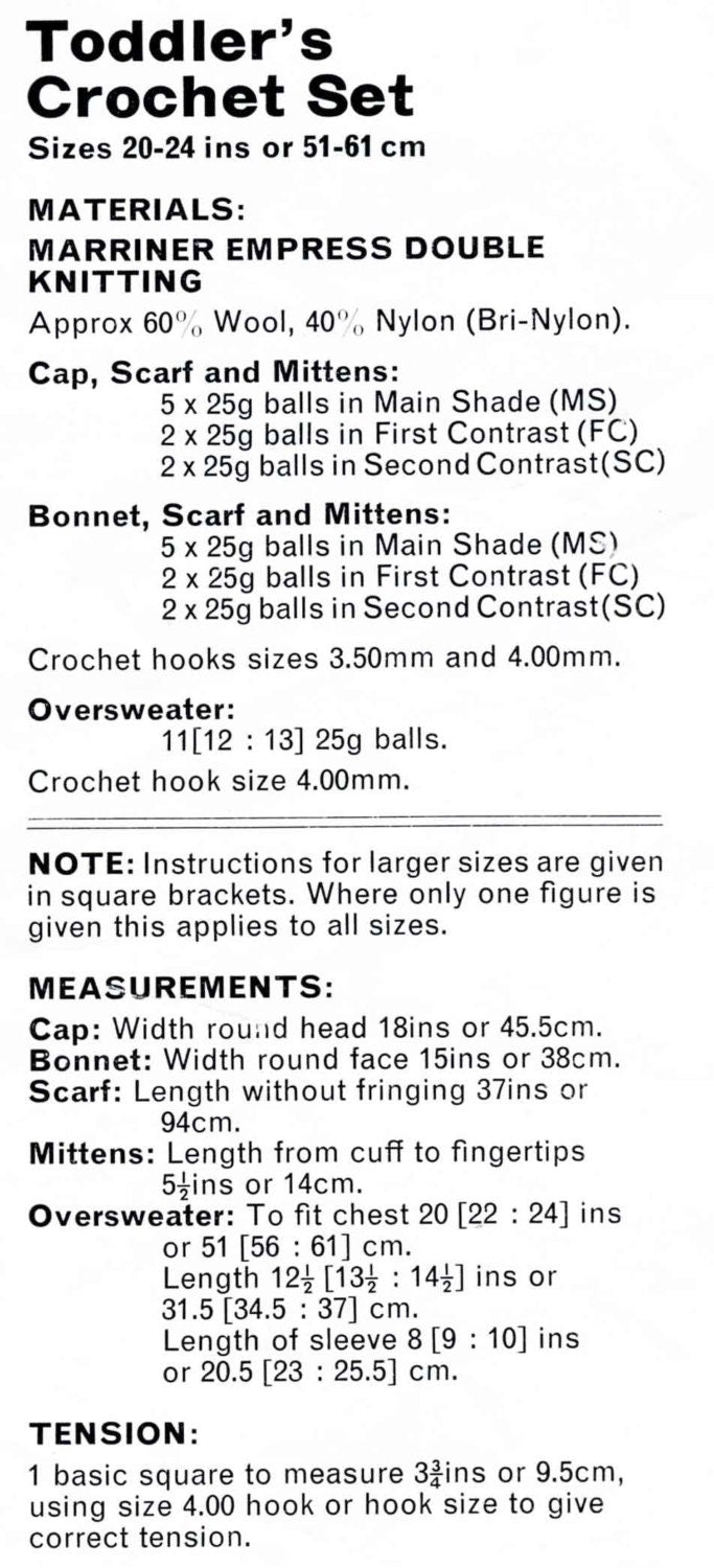 Boys & Girls Toddler Jumper, Hat, Scarf and Mittens in 2 styles, 20-24" Chest, DK, 70s Crochet Pattern, Marriner 1722