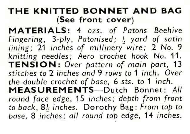 Ladies 50s Knitting Pattern Dutch Bonnet and Dorothy Bag & Crochet Pattern Dutch Bonnet and Dorothy Bag, Weldons 921