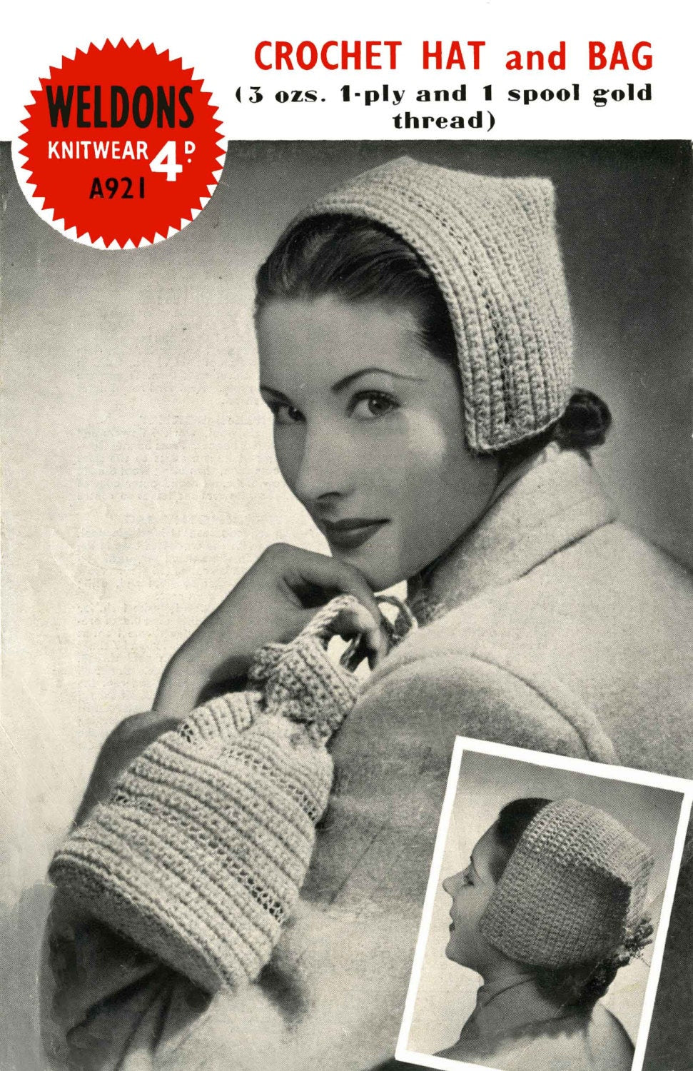 Ladies 50s Knitting Pattern Dutch Bonnet and Dorothy Bag & Crochet Pattern Dutch Bonnet and Dorothy Bag, Weldons 921