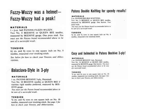 Children's Helmet and Balaclarva, upto 18 months, 3ply, 4ply, DK, 60s Knitting Pattern, Patons 9415