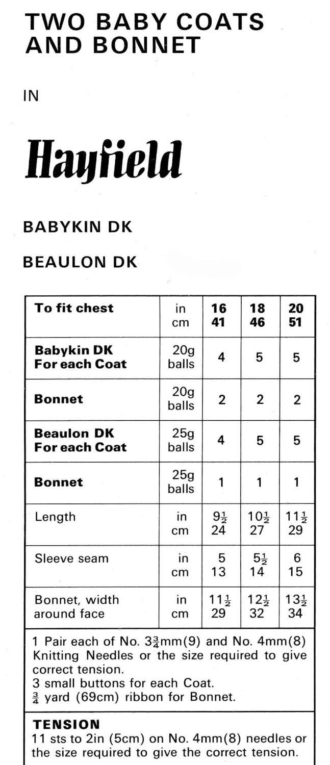 Baby Coat / Cardigan and Bonnet, 16"-20" Chest, DK, 70s Knitting Pattern, Hayfield 1057