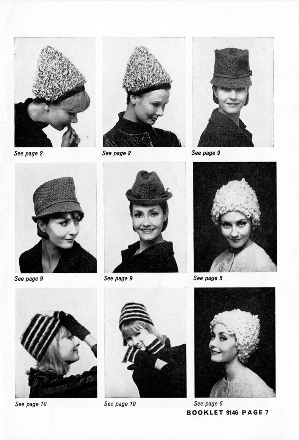 Ladies Hat in 9 Styles, 3ply, DK, Chunky, 60s Knitting Pattern, Patons 9146