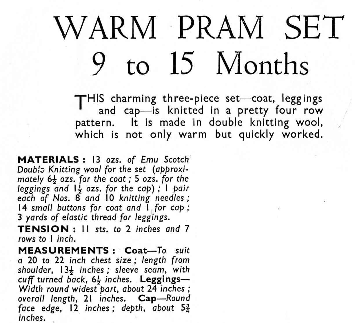 Baby Pram Set - Coat / Cardigan, Hat and Leggings, 9-15 months, DK, 50s Knitting Pattern, Bestway 2626