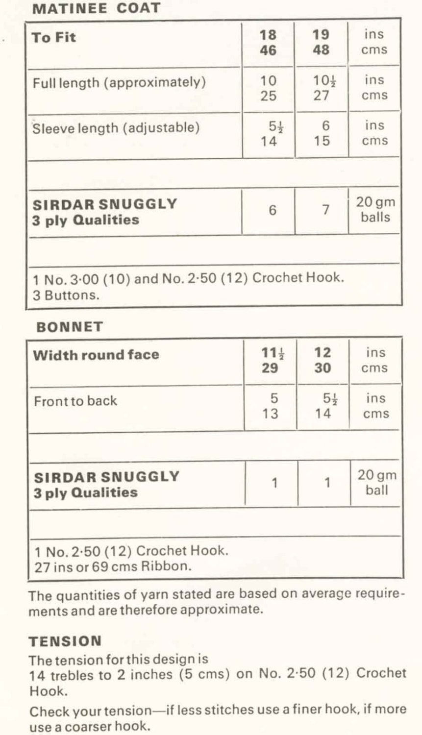 Baby Matinee Coat / Cardigan, Birth - 6 months, 3ply, 70s Crochet Pattern, Sirdar 3208