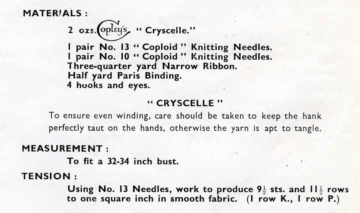 Ladies Brassiere / Bra, 32"-34" Bust, 40s Knitting Pattern, Copleys 1531