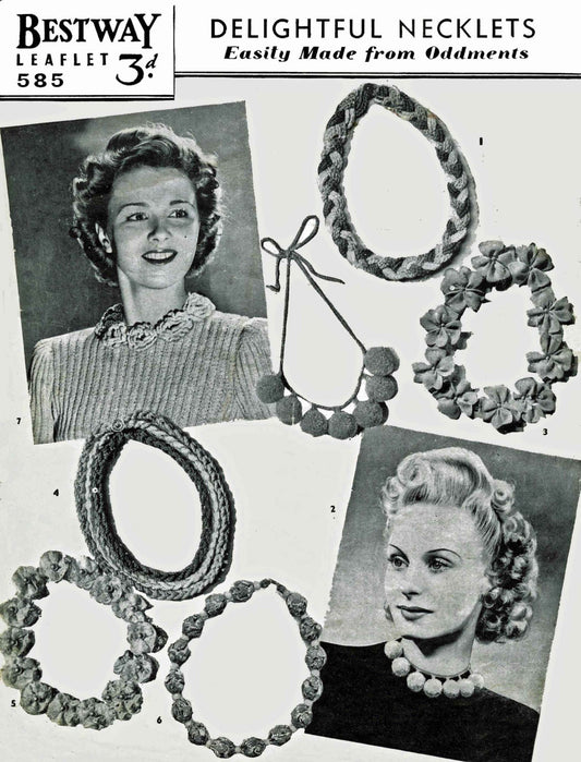 Delightful Necklace, 6 designs, 40s Crochet Pattern & Sewing Pattern, Bestway 585