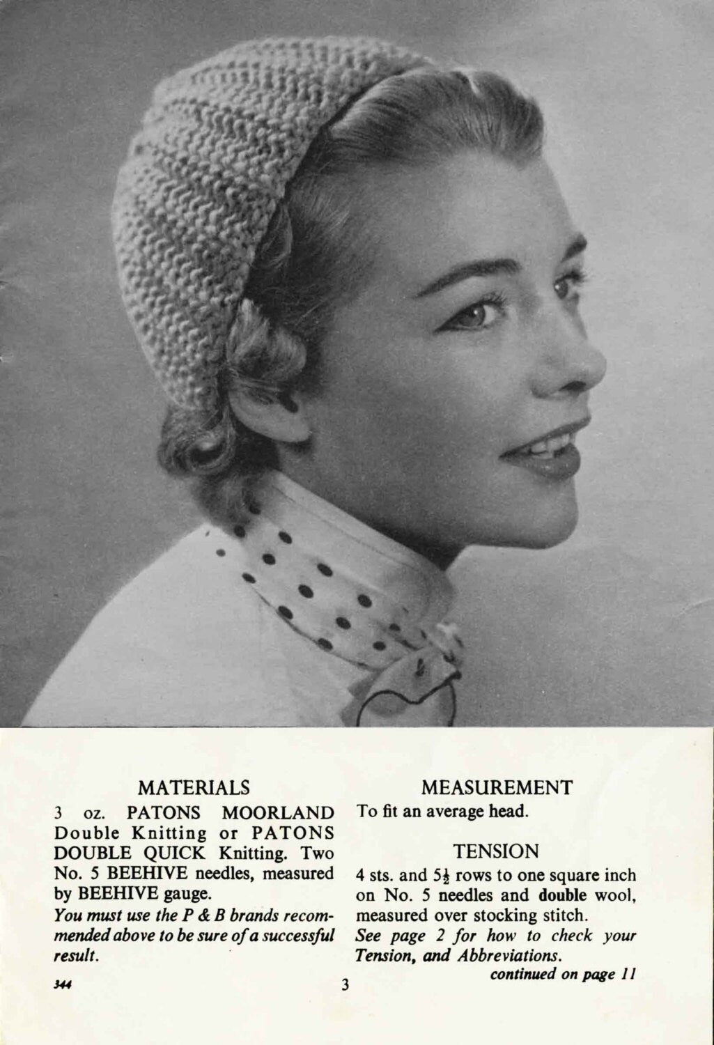 Ladies Hats in 4 Styles, DK, 50s Knitting Pattern, P&B 344