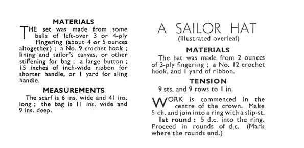 Ladies Scarf/Turban, Bag and Sailor Hat, 40s Crochet Pattern, 3ply or 4ply leftovers, Bestway 1170