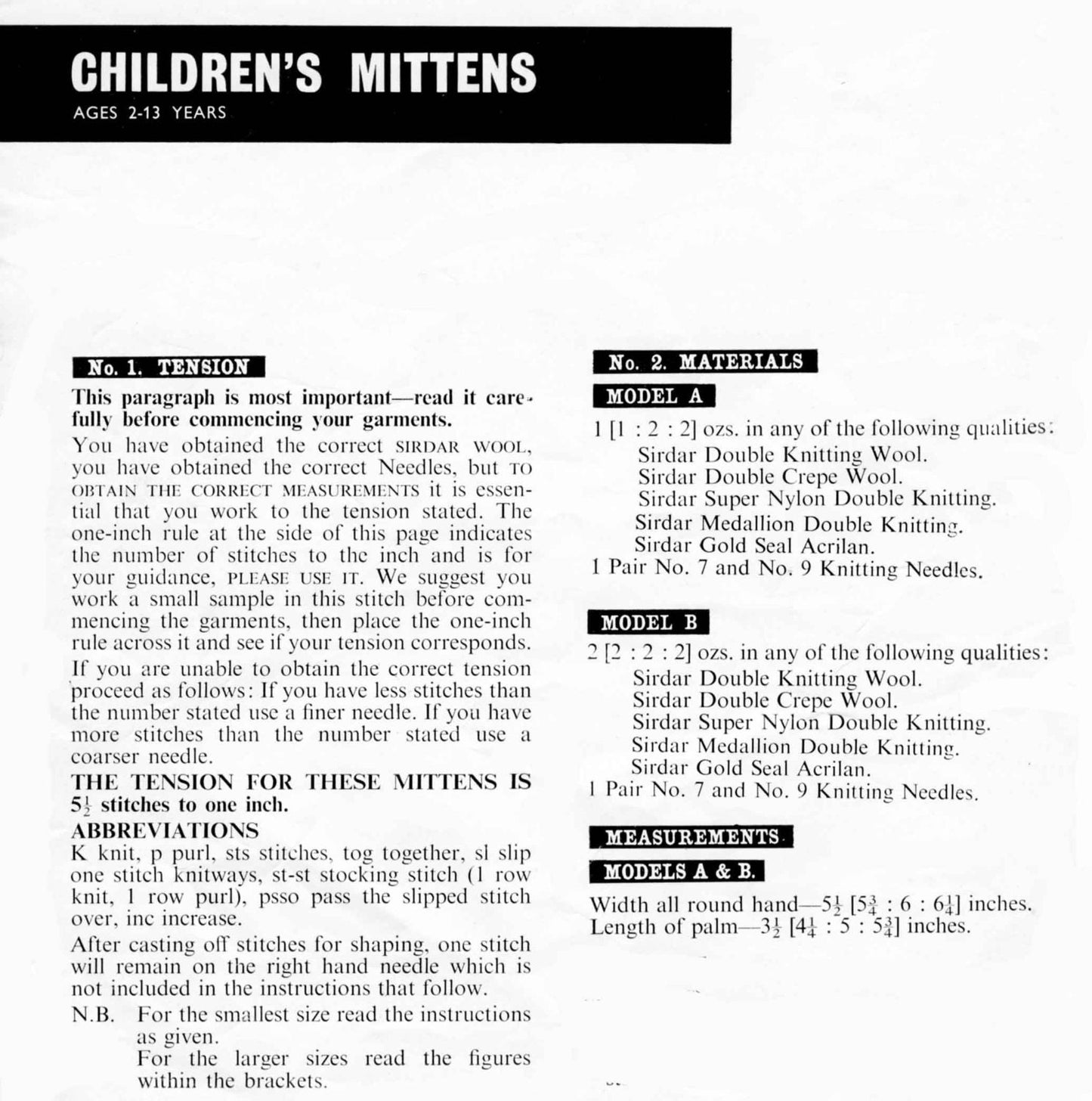 Children's Mittens for 2 to 13 years, DK, 60s Knitting Pattern, Sirdar 681