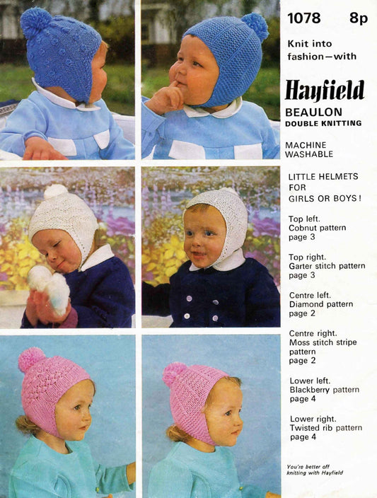 Girls and Boys Little Helmet / Hat in Six Styles, 6, 12, 18 months, DK, 70s Knitting Pattern, Hayfield 1078