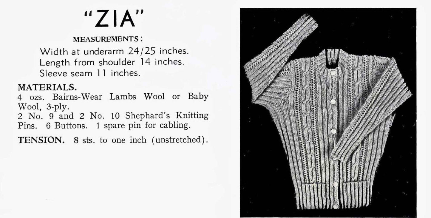 Girls Cardigan in 3 Styles, 3-4 years, 3ply, 40s Knitting Pattern, Bairnswear 1273