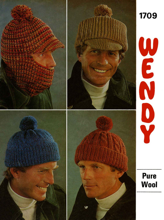 Mens Hats in Three Styles, 4ply, DK, & Chunky, 70s Knitting Pattern, Wendy 1709