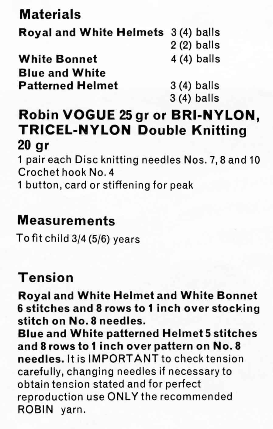 Childrens Bonnets and Helmets, 3/4 and 5/6 years, DK, 60s Knitting Pattern, Robin 1976