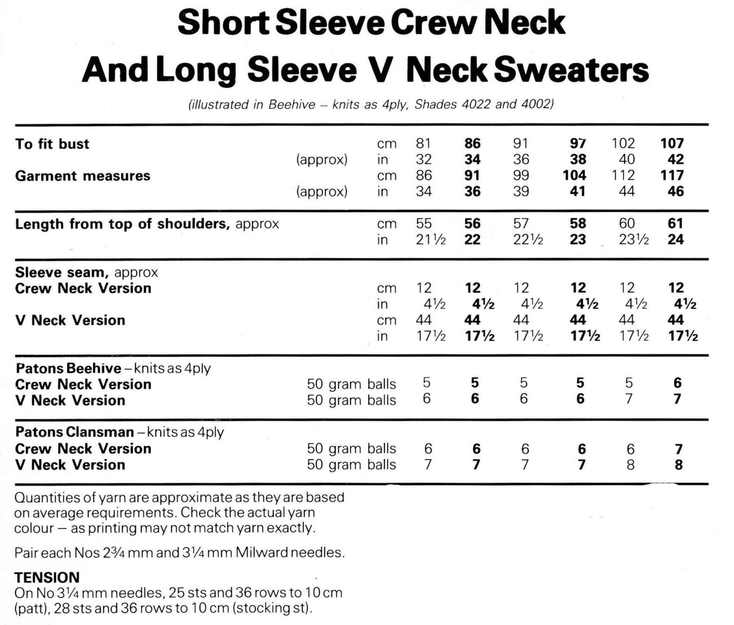 Ladies Short Sleeve Crew Neck & Long Sleeve Sweaters, 32"-42" Bust, 4ply, 70s Knitting Pattern, Patons 8234