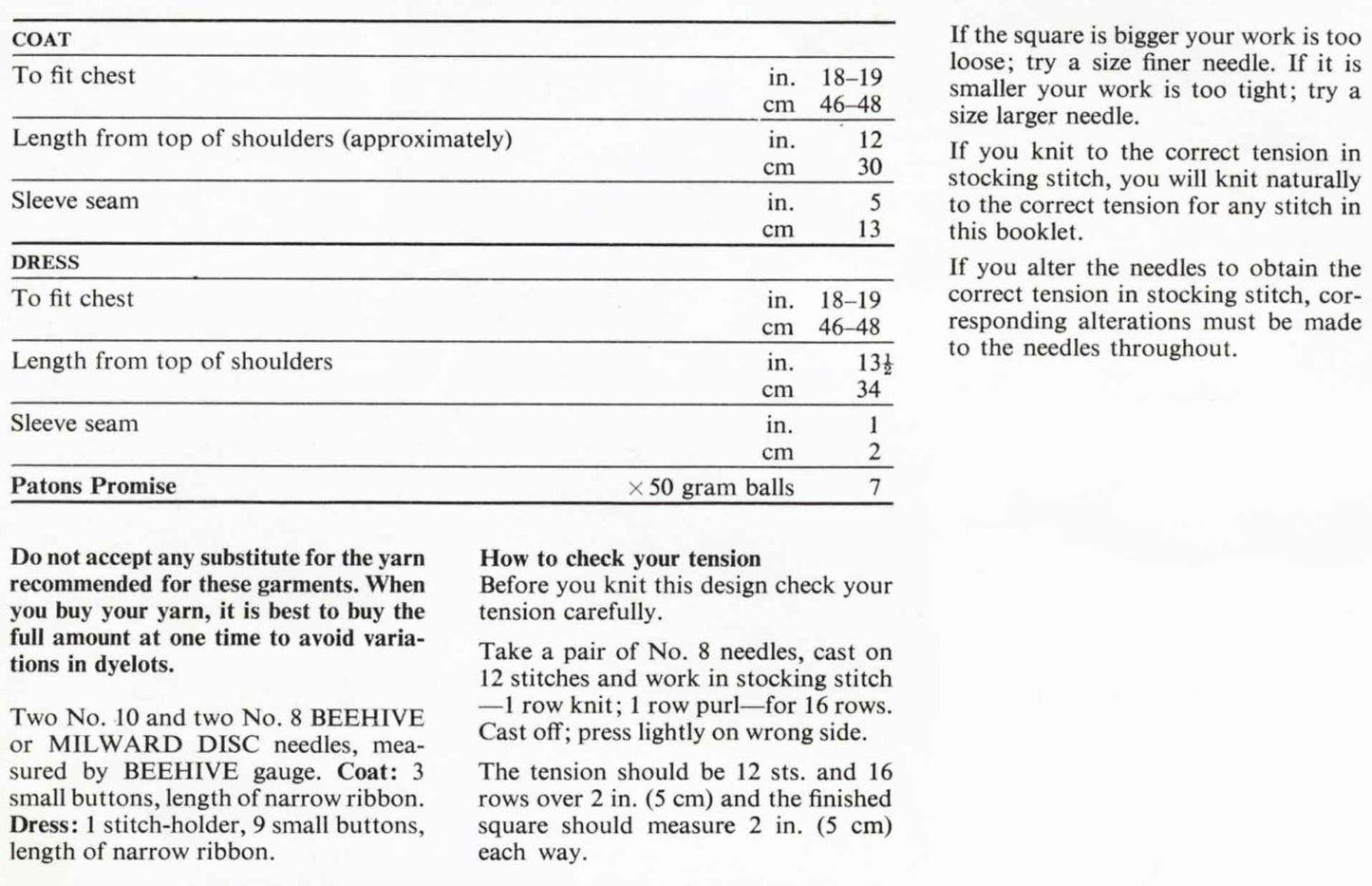 Baby Coat and Dress, DK, 70s Knitting Pattern, Patons 6444