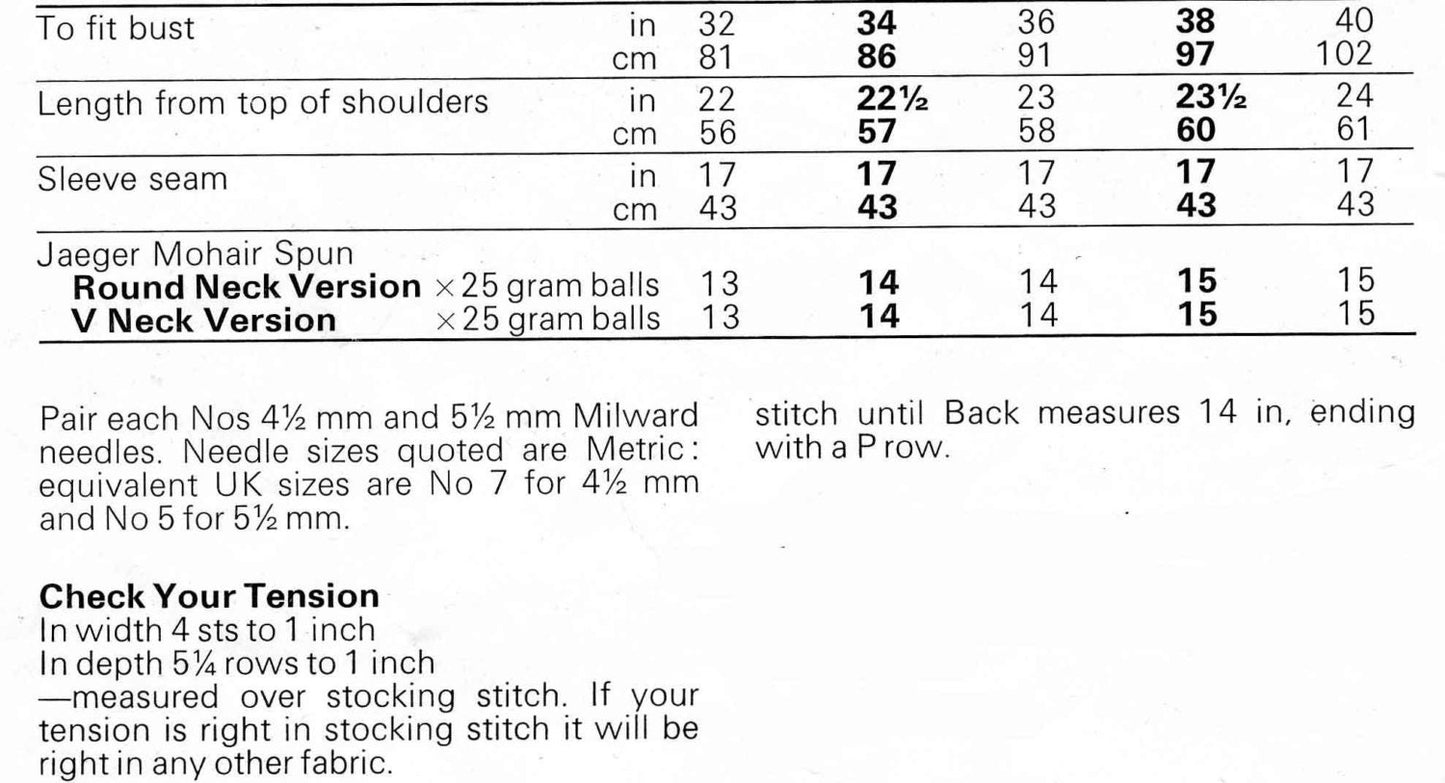 Ladies Round Neck and V Neck Jumper, 32"-40" Bust, Aran Mohair, 80s Knitting Pattern, Jaeger 4557