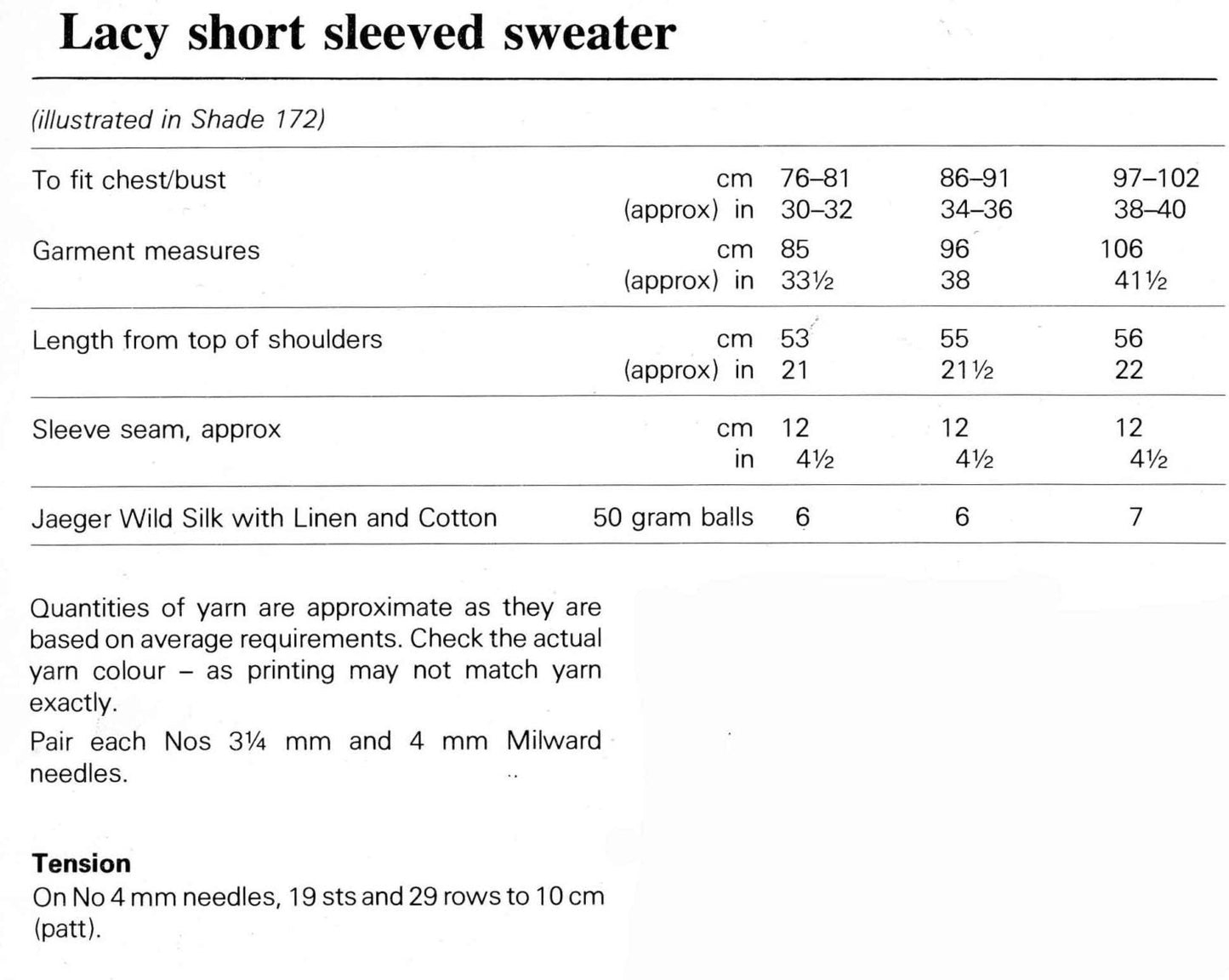 Ladies Lacy Short Sleeve Sweater, 30"-40" Bust, DK, 80s Knitting Pattern, Jaeger 5291