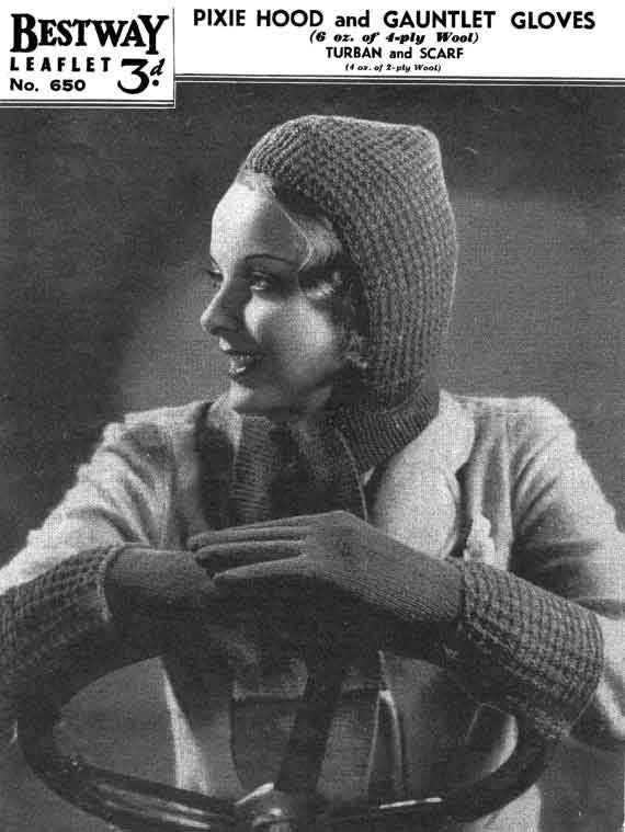 Ladies Turban, Scarf, Pixie Hood and Gauntlet Gloves, 2ply, 40s Knitting Pattern, Bestway 650