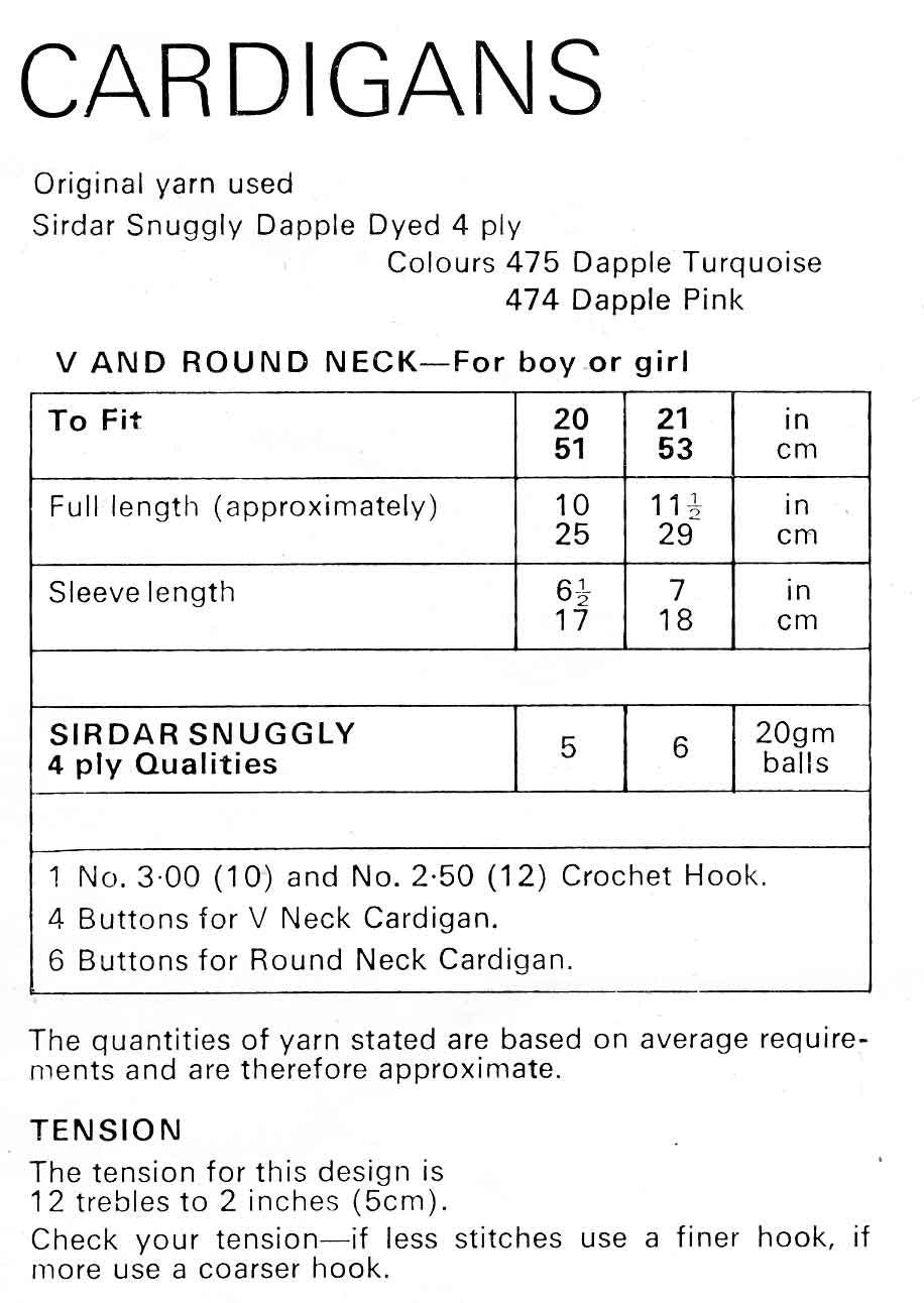 Children Cardigan with V or Round Neck, 20"-21" Chest, 4ply, 80s Crochet Pattern, Sirdar 3251