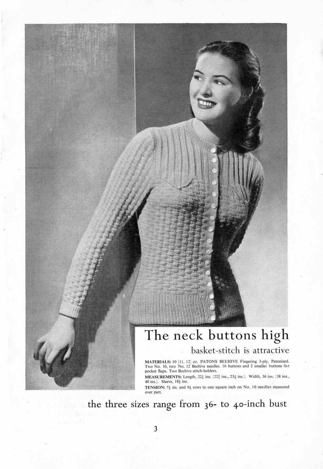 Ladies Cardigan, Button Through, V-Neck, Cable and Lace Panels, 36"-40" Bust, 3ply, 50s Knitting Pattern, P&B 629