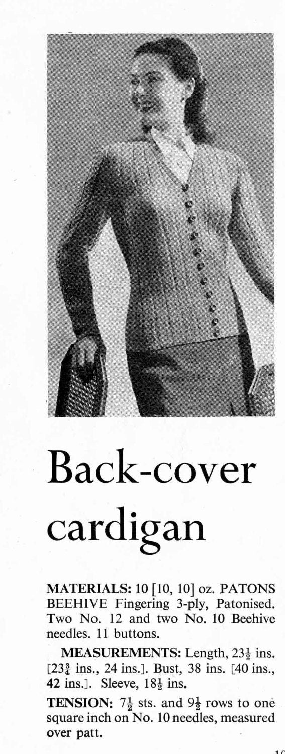 Ladies Cardigan, Button Through, V-Neck, Cable and Lace Panels, 36"-40" Bust, 3ply, 50s Knitting Pattern, P&B 629