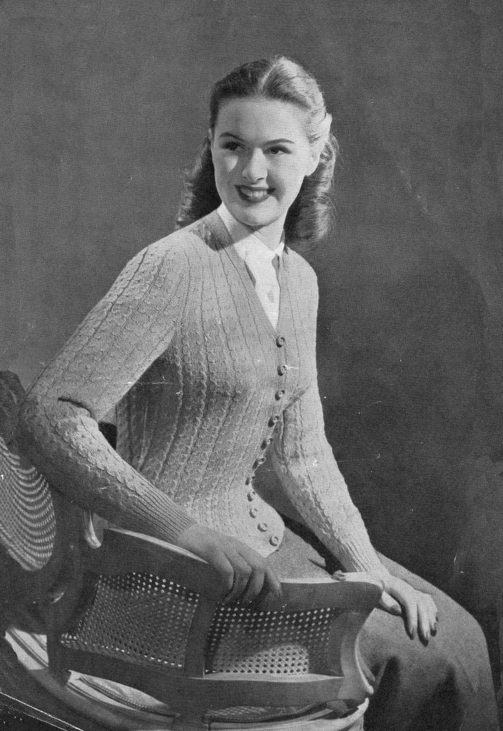 Ladies Cardigan, Button Through, V-Neck, Cable and Lace Panels, 36"-40" Bust, 3ply, 50s Knitting Pattern, P&B 629