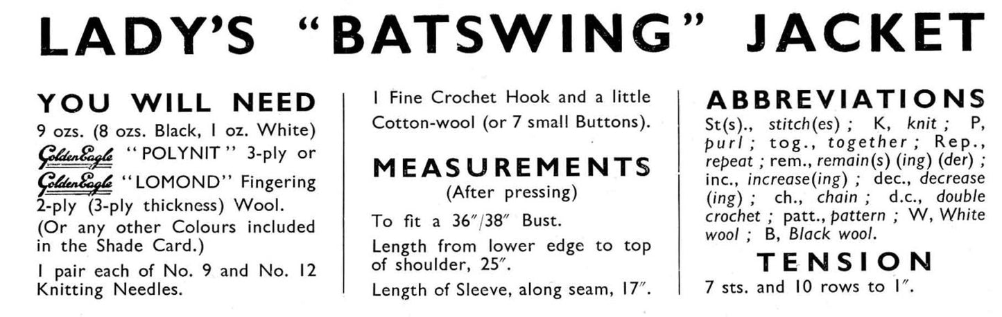 Ladies Batwing Jacket / Cardigan, 36"/38" Bust, 3ply, 50s Knitting Pattern, Golden Eagle 907