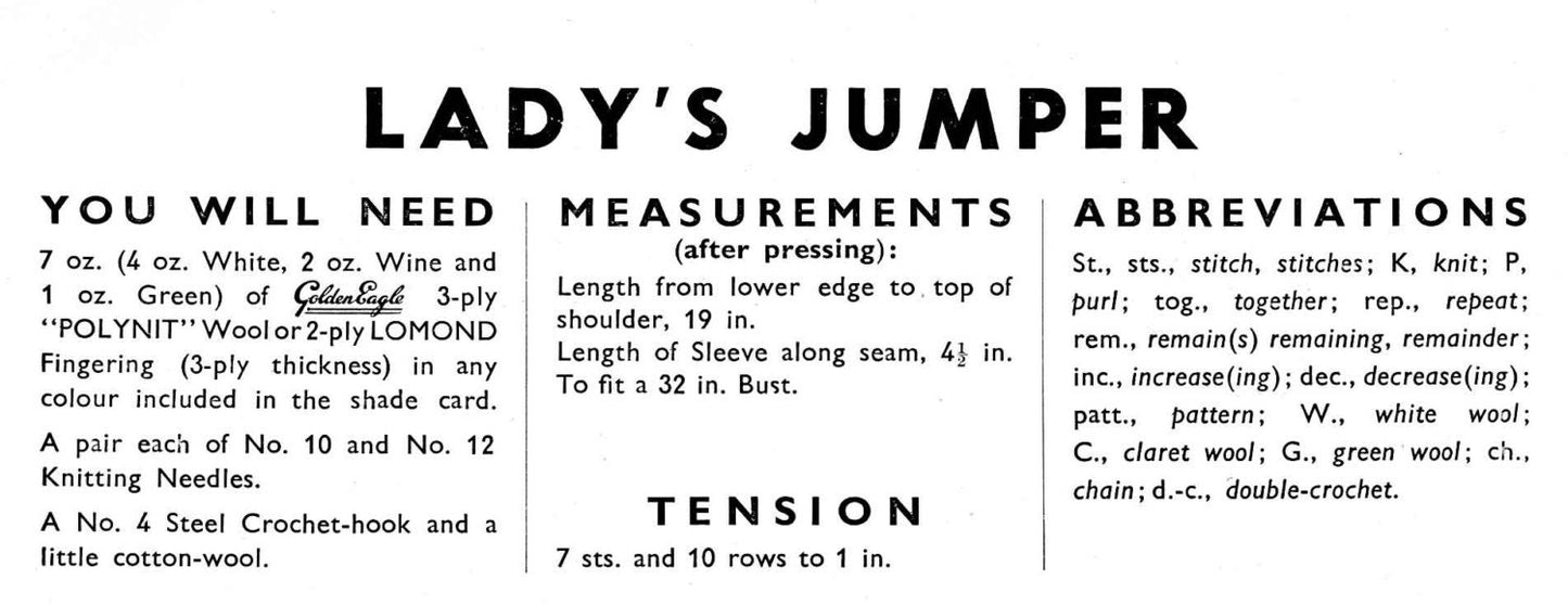 Ladies Fair Isle Jumper, 32" Bust, 3ply, 50s Knitting Pattern, Golden Eagle 903