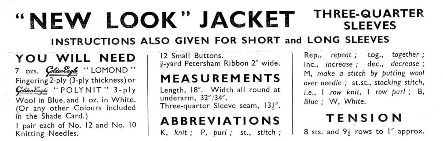 Ladies Jacket / Cardigan with Three-Quarter Sleeves, 32"/34" Bust, 3ply, 40s Knitting Pattern, Golden Eagle 905