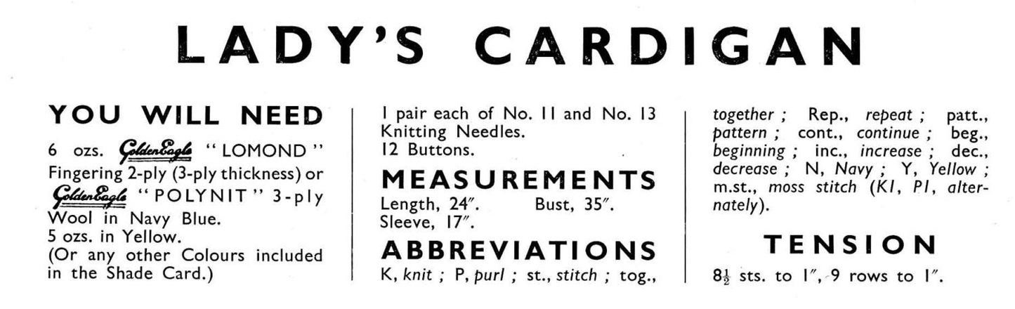 Ladies Cardigan, 35" Bust, 3ply, 50s Knitting Pattern, Golden Eagle 909